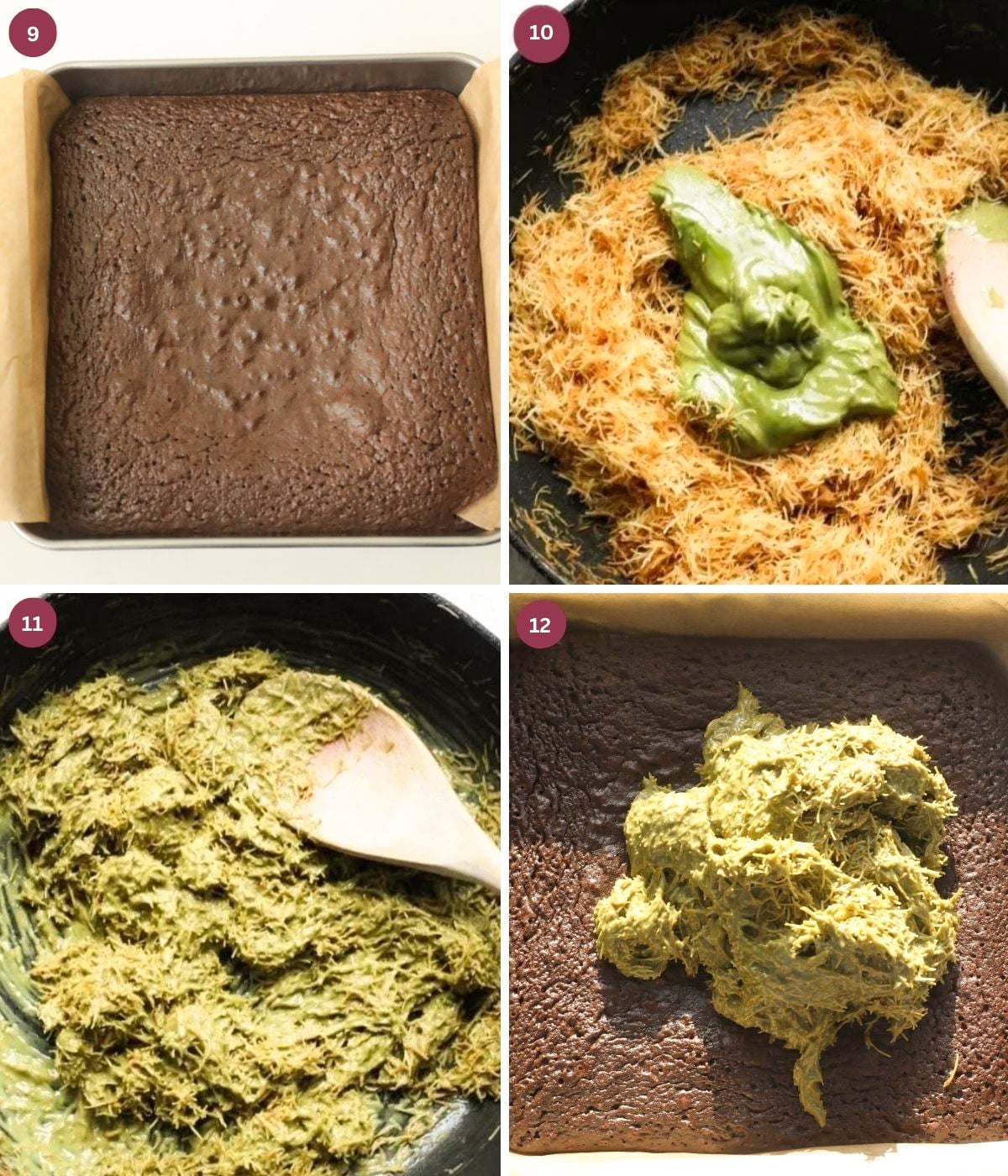 Brownie in a tin and pistachio kunafa on top.