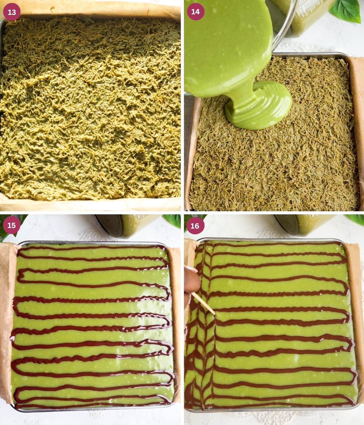 Brownie in a tin with pistachio kunafa, pistachio ganache and mix.