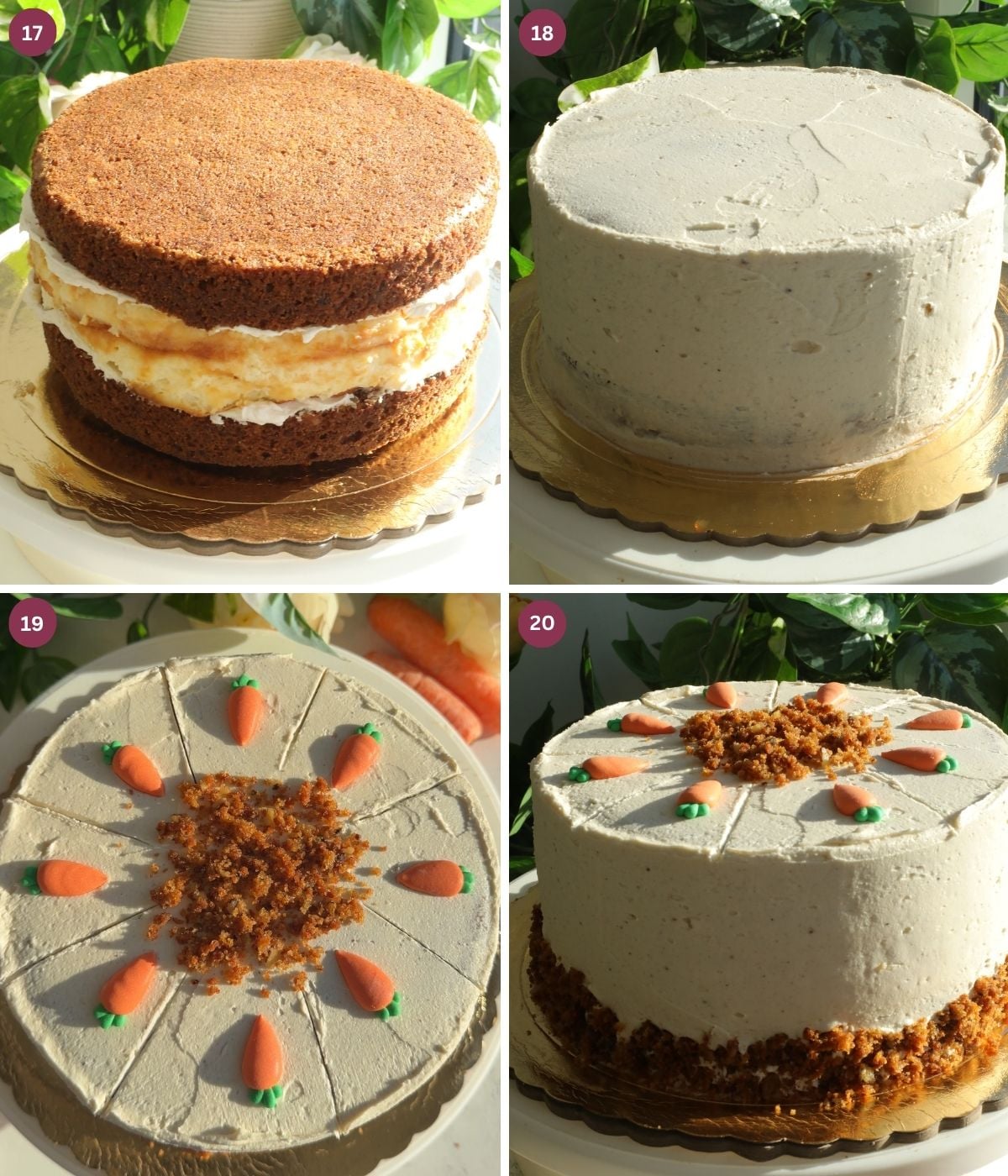 Carrot cheess cake cake on a board decorated with frosting and icing carrots.