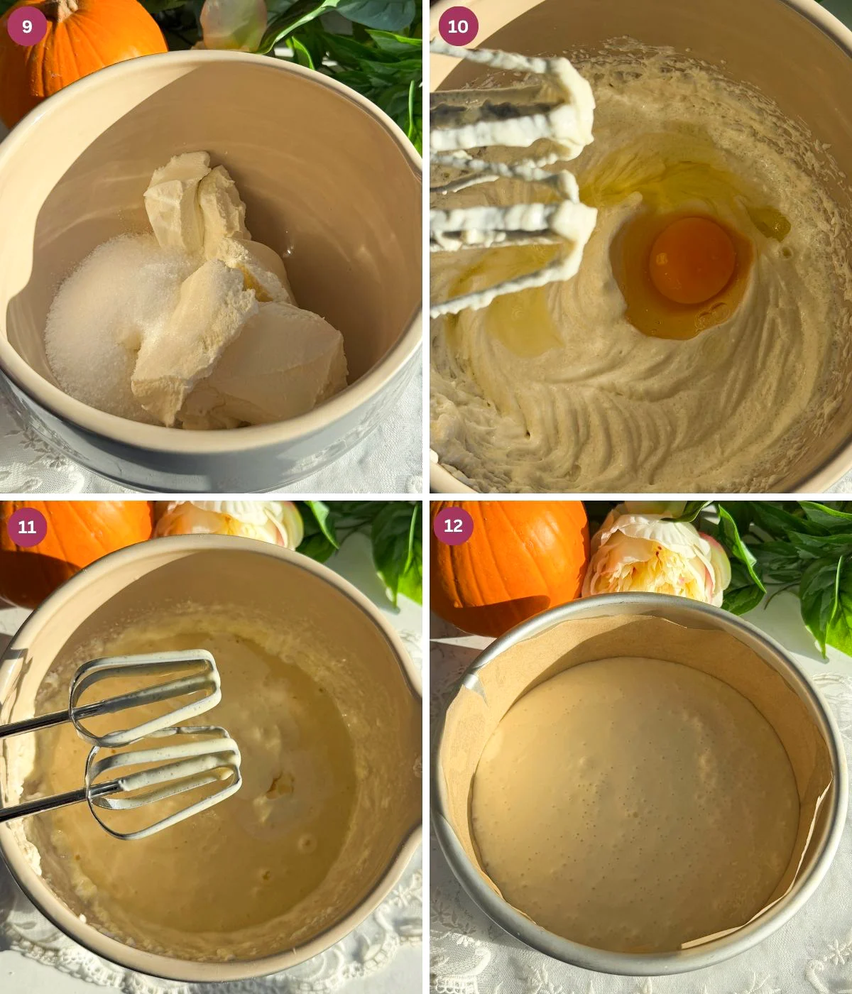 Cream cheese sugar and eggs mixed in a bowl and in a baking tin.