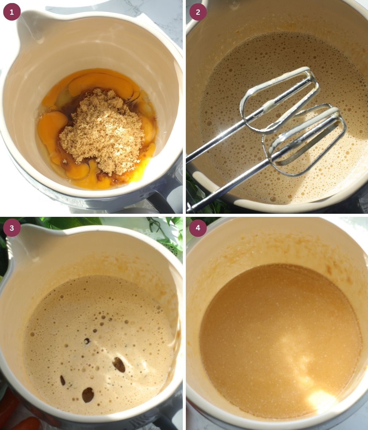Eggs, brown sugar and oil whisked in a bowl.