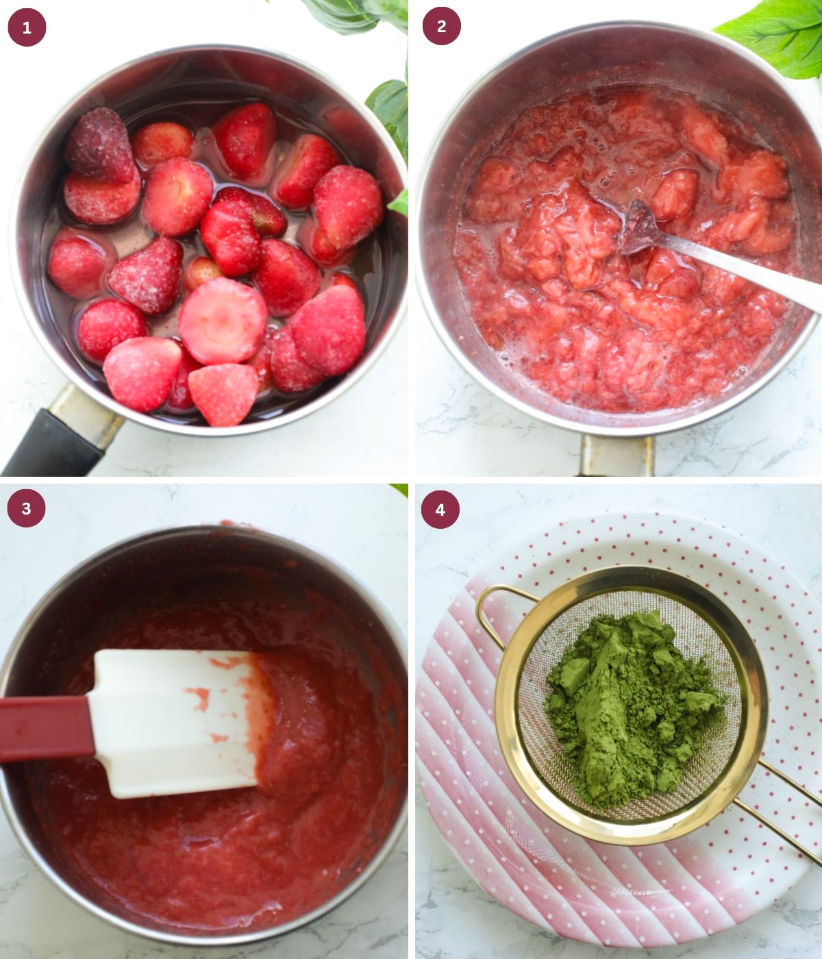 Frozen strawberries cooked in a pot and sieved matcha. -