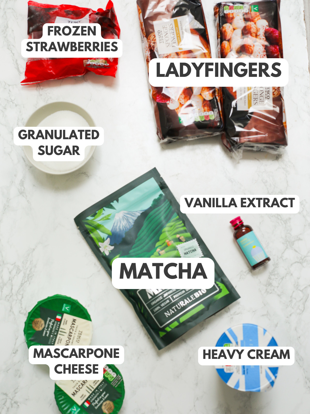 Ladyfingers, cream, mascarpone, sugar, matcha and strawberries.