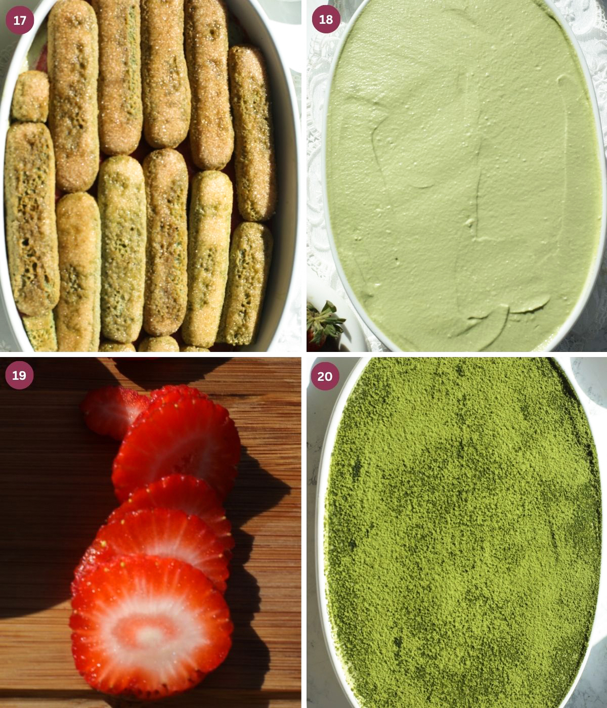 Ladyfingers dipped in matcha in a dish with matcha mascarpone.