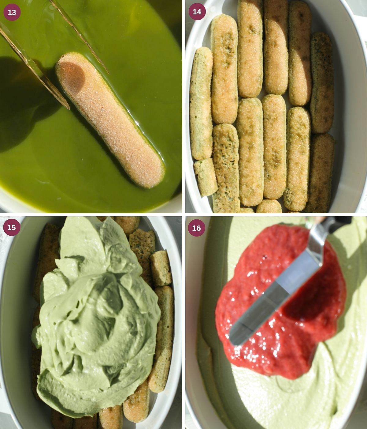 Ladyfingers dipped in matcha in a dish with matcha mascarpone