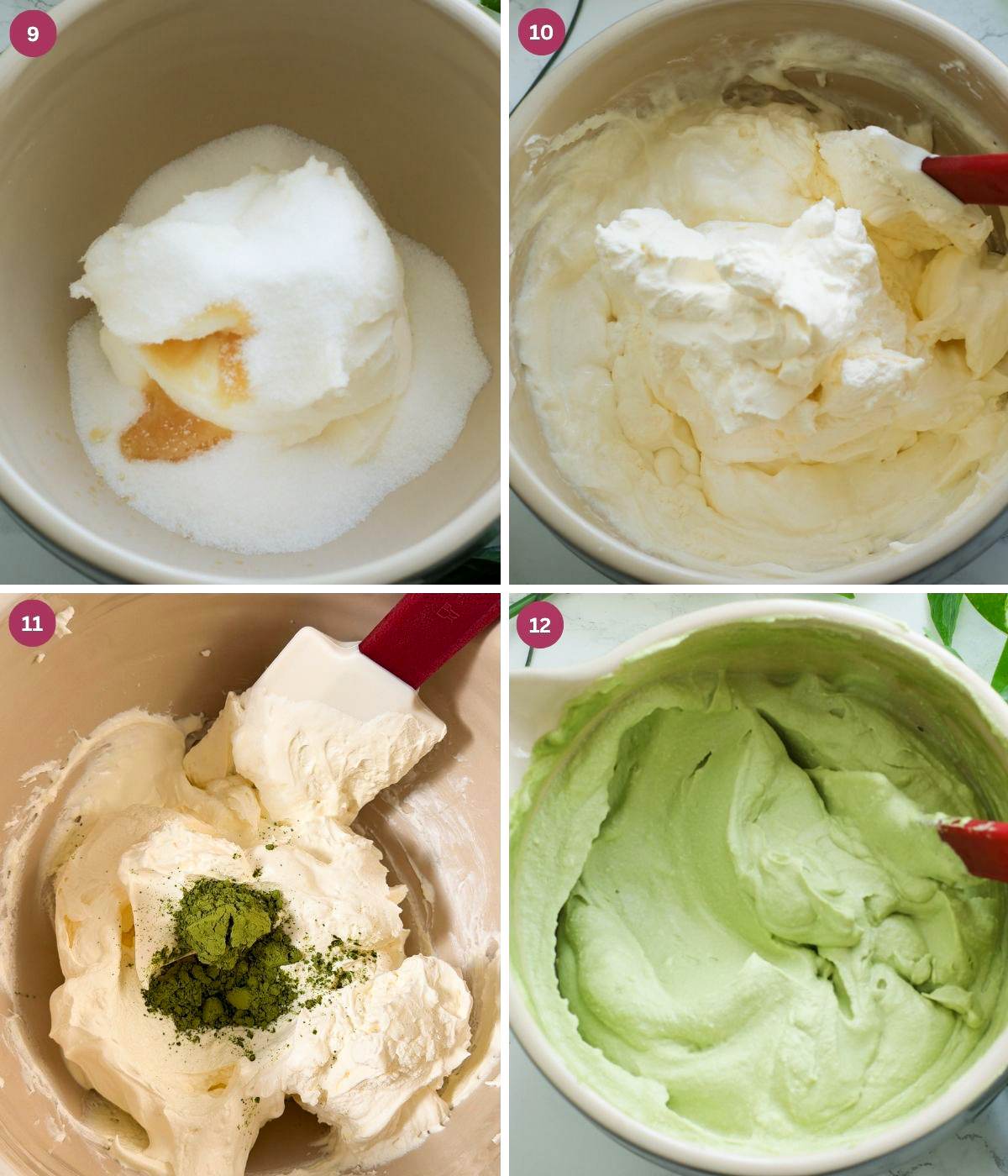 Mascarpone and matcha filiing mixed in a bowl.