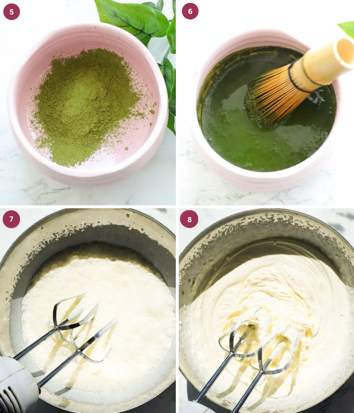 Matcha and water in a bowl. Whipped cream in a bowl.