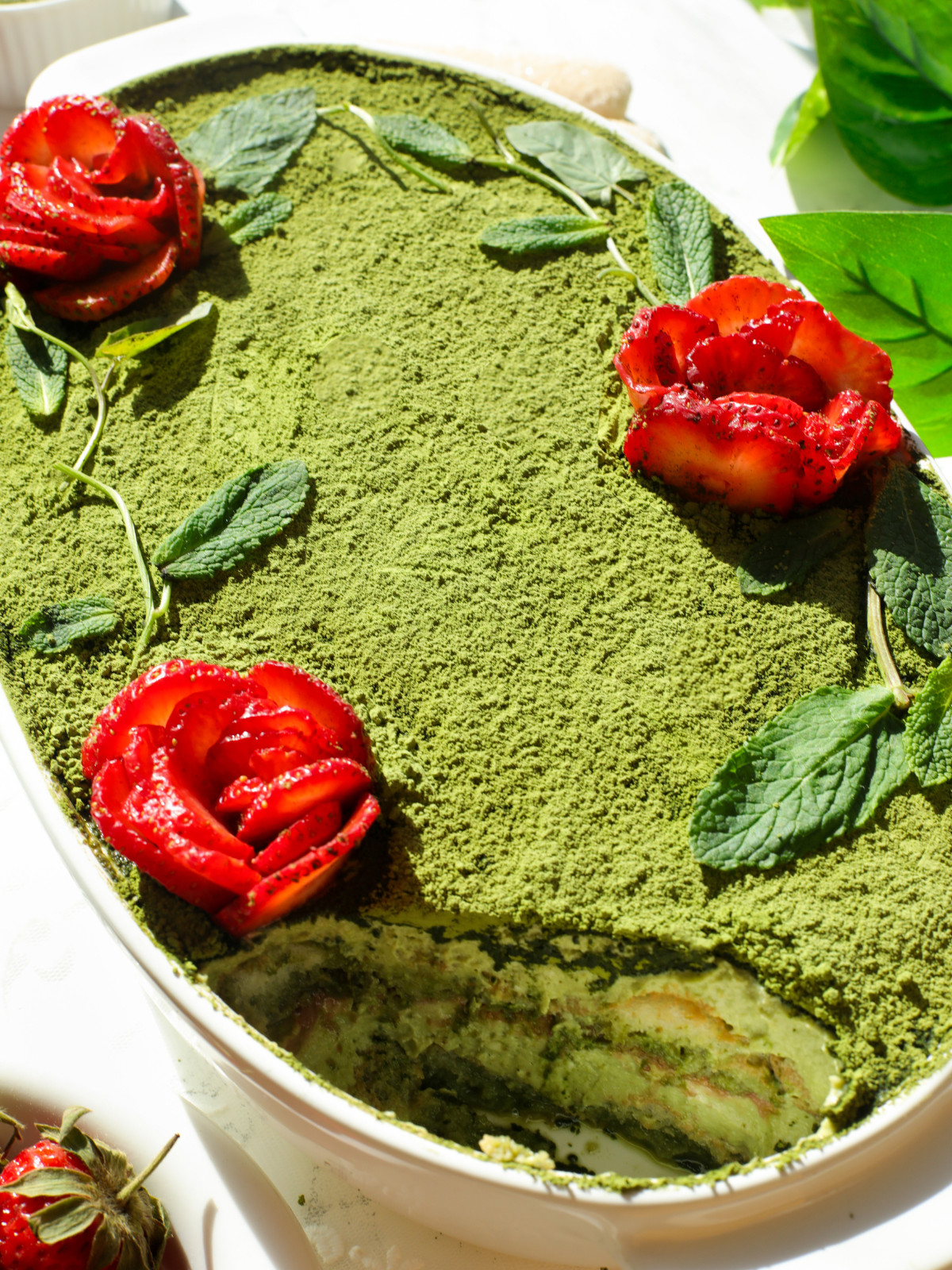 Matcha with strawberry tiramisu egg free dessert.