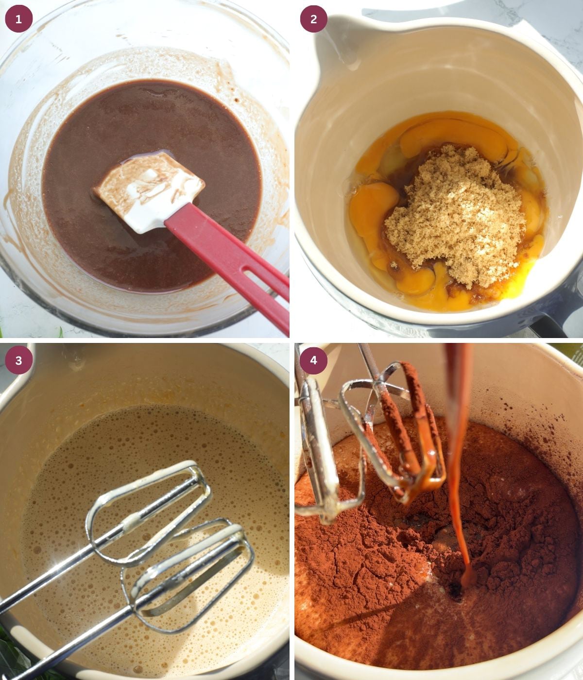 Melted butter and chocolate, eggs, brown sugar, cocoa powder.