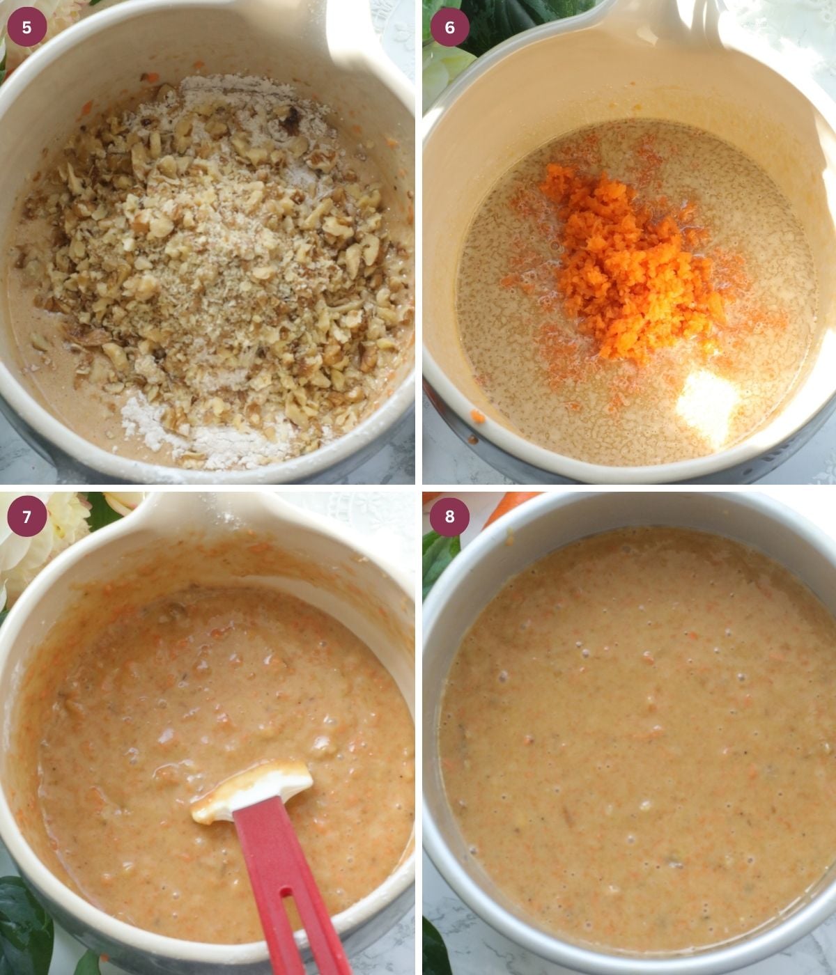 Walnuts, flour, carrots in a bowl. Carrot cake batter in a bowl.