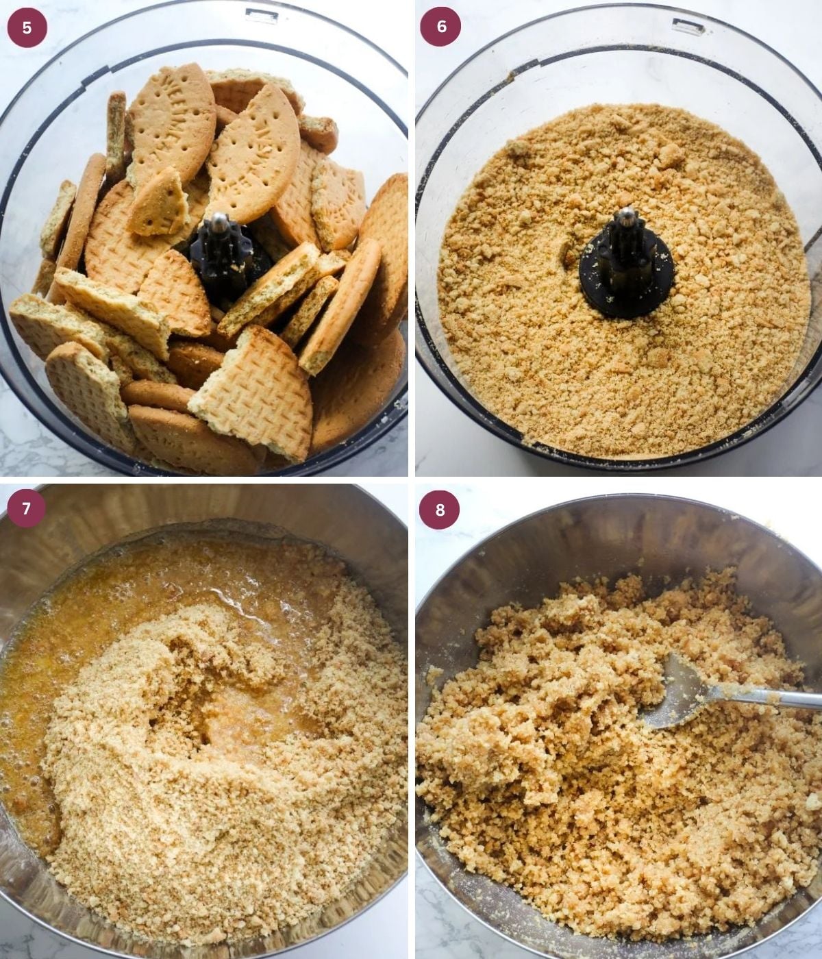 Biscuits blended in a food processor. Melted butter and crumbs in a bowl.