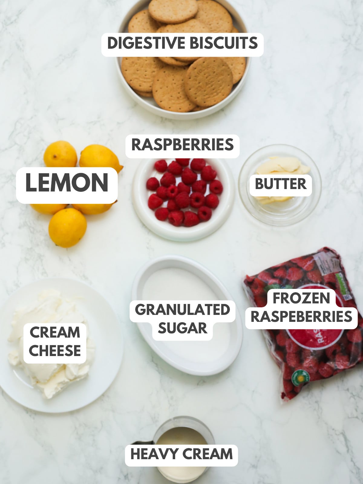 Biscuits, lemon, raspberry, sugar, cream cheese and heavy cream.