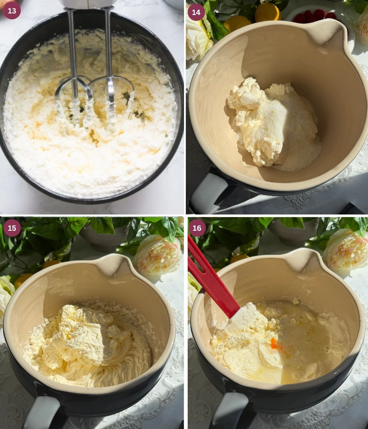 Heavy cream, cream cheese, lemon juice, sugar whisked in a bowl.