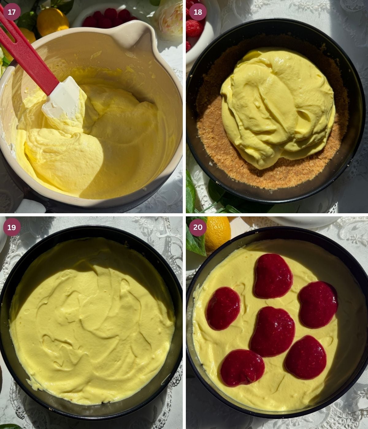 Lemon cheesecake filling with rasberry sauce in a springform tin.