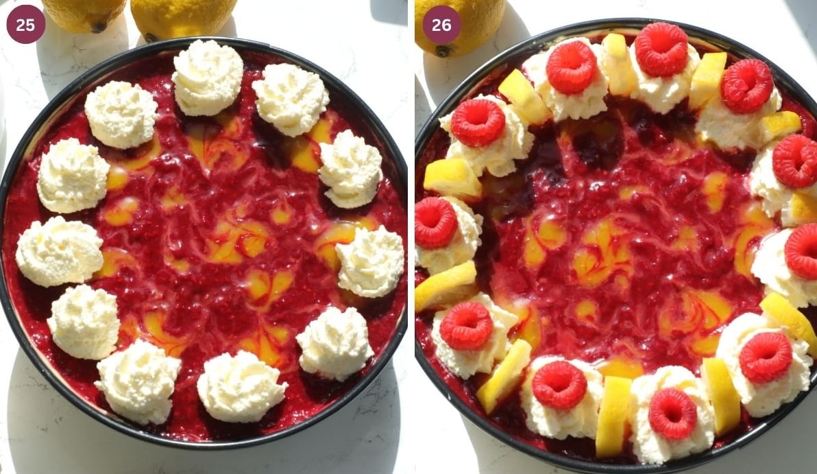 Lemon cheesecake with rasberry sauce and whipped cream in a springform tin.