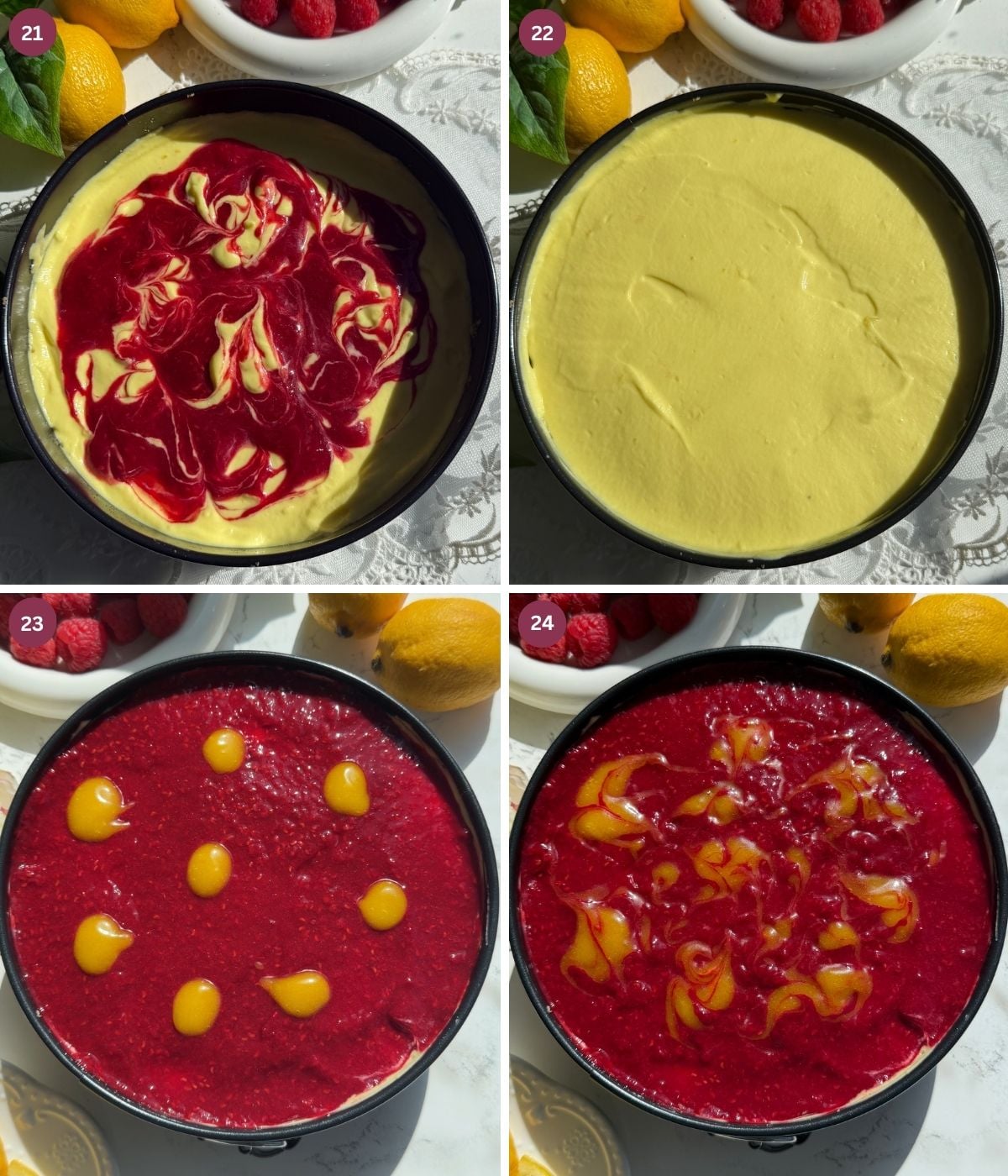 Lemon cheesecake with rasberry sauce in a springform tin.
