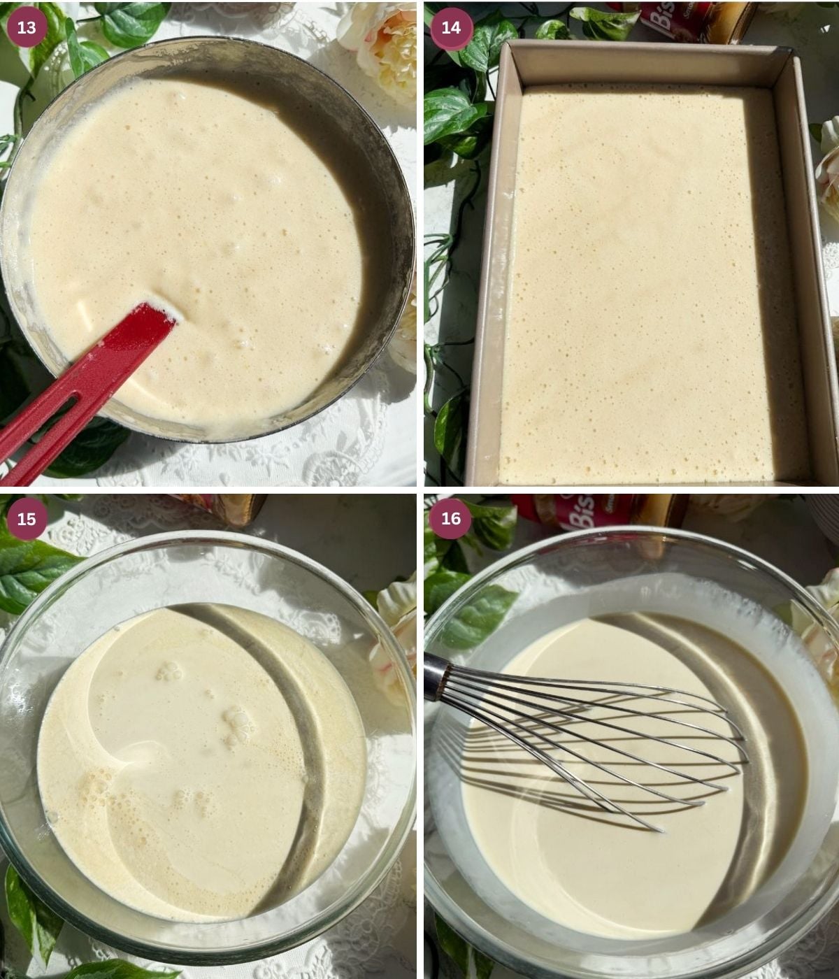 Cake batter in a tin and milk syrup in a bowl.