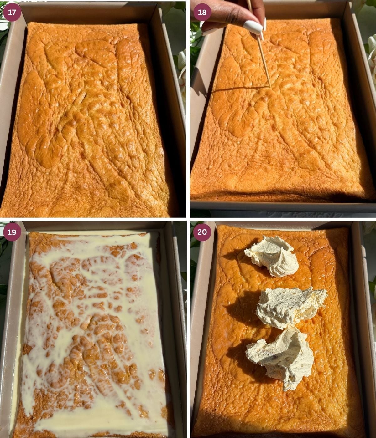 Cake with holes and milk syrup in it and whipped cream on top.