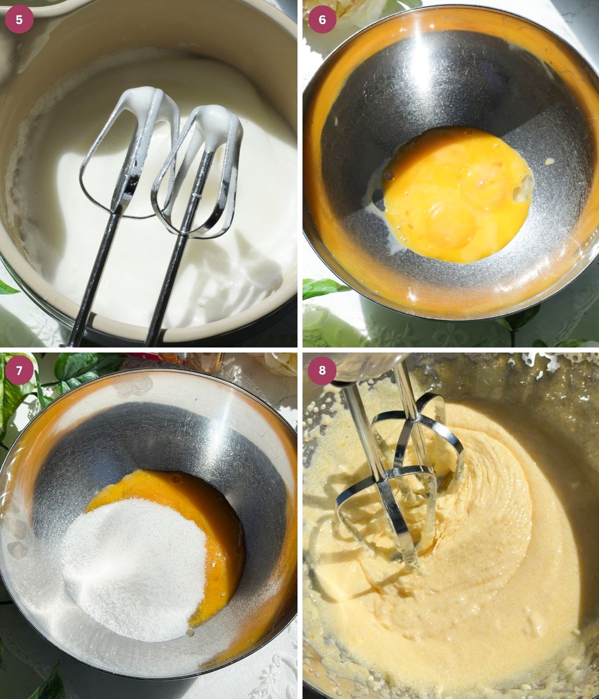 Egg whites, egg yolks and sugar whisked in a bowl.