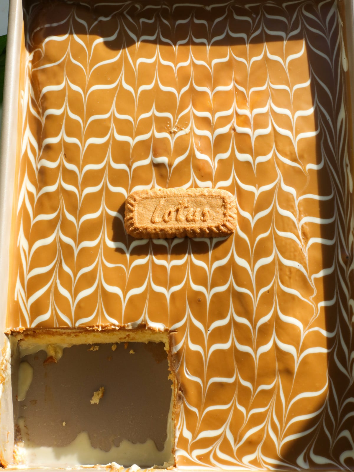 Lotus Milk Cake in a tray.