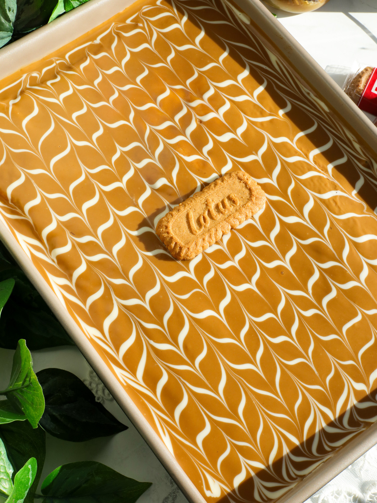 Lotus Milk Cake in a tray.