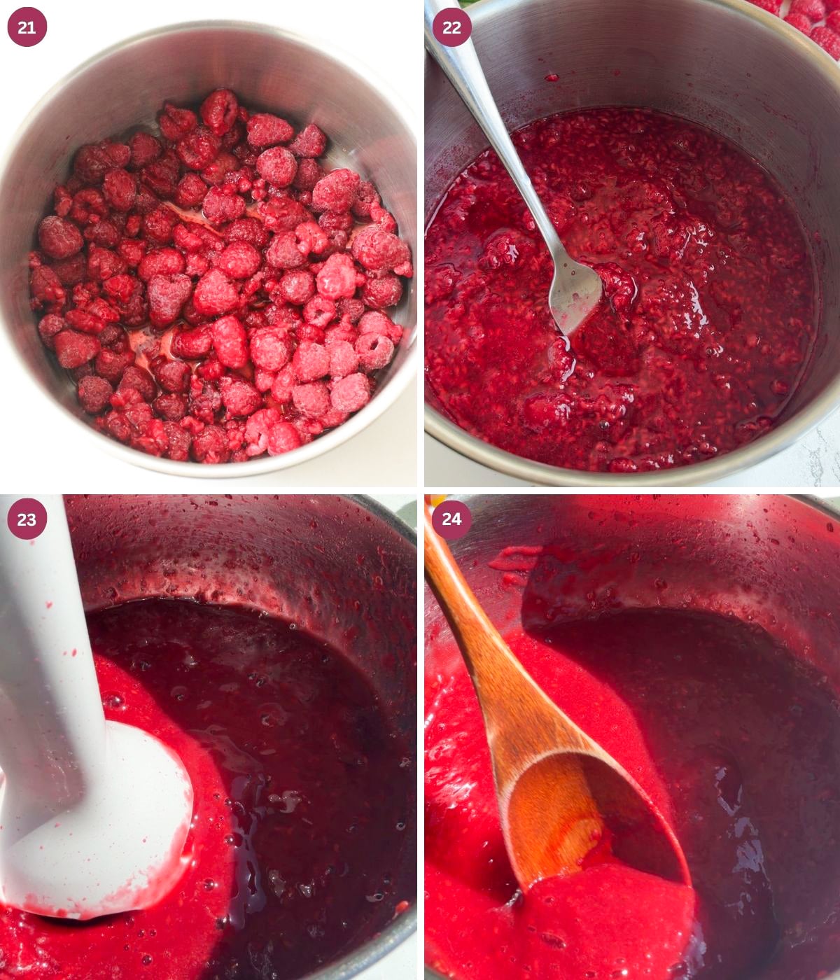 Raspberres, cooked and blended in a pot.