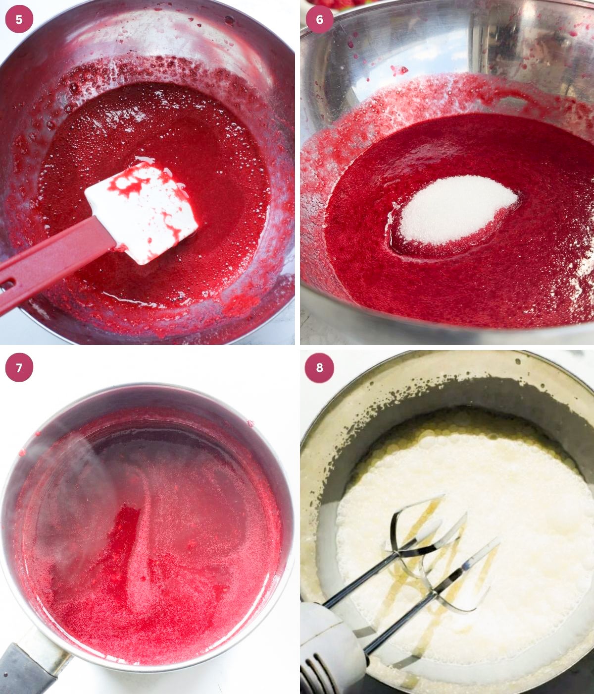 Raspberries and sugar cooked in a pot. Heavy cream in a bowl.