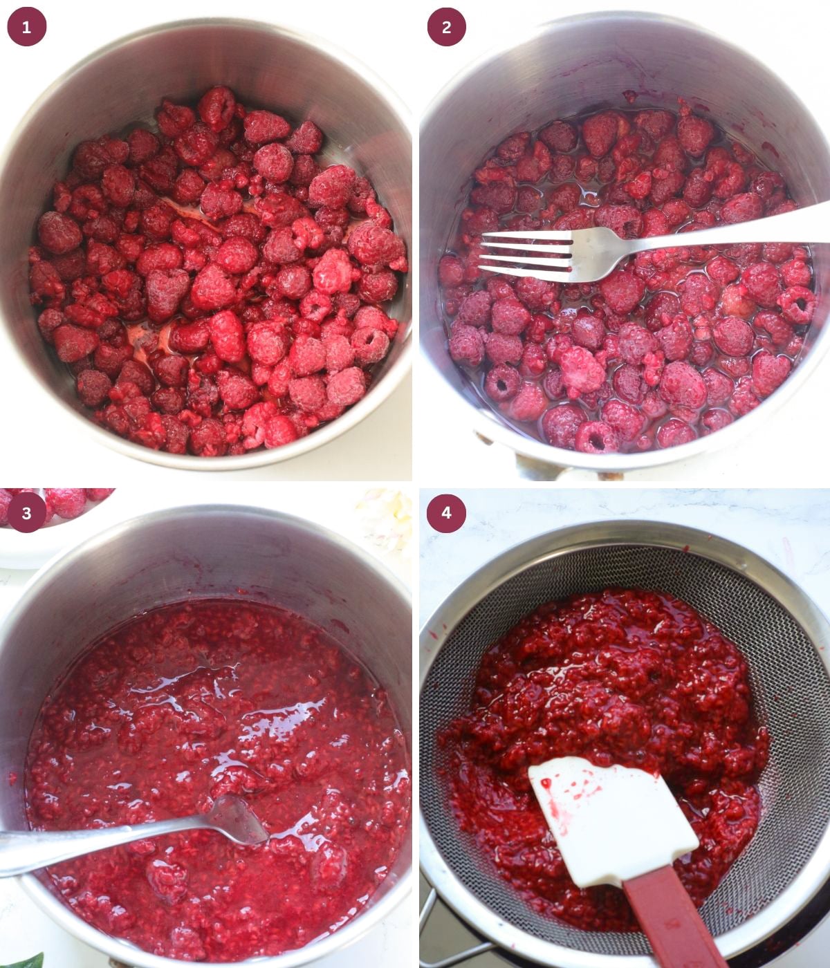 Raspberries cooked in a pot and mashed with a fork.