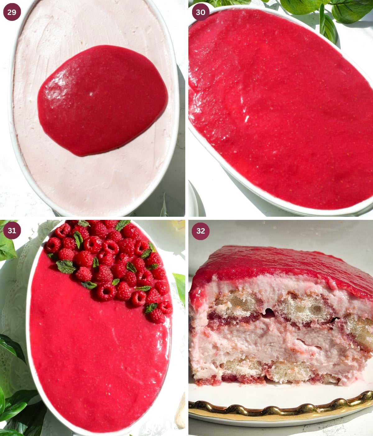 Raspberries sauce on top of tiramisu in an oval dish.