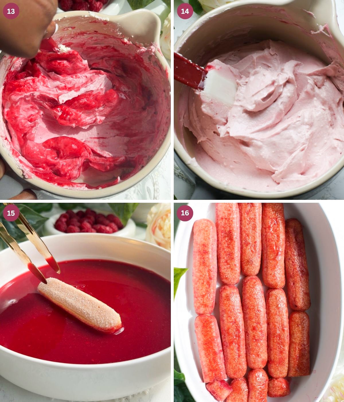 Raspberry mascarpone and ladyfingers dipped in raspberry juice.