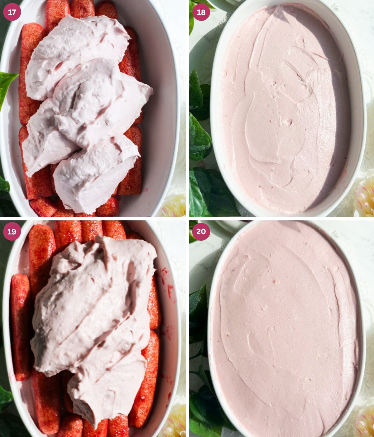 Raspberry mascarpone and ladyfingers in a white oval dish.