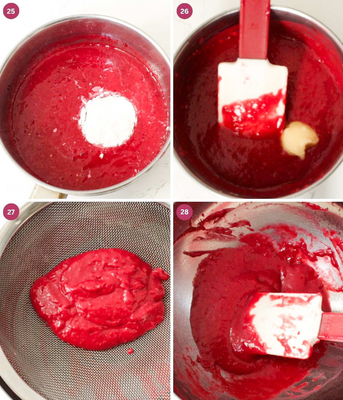 Raspberry sauce with cornflour and butter sieved into a bowl.