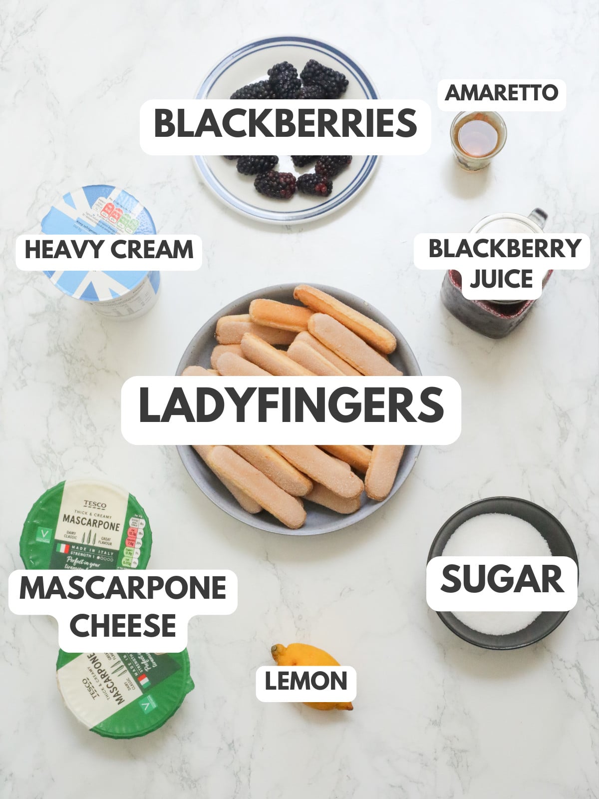 Blackberry, amaretto, heavy cream, ladyfingers, sugar, lemon, mascarpone.