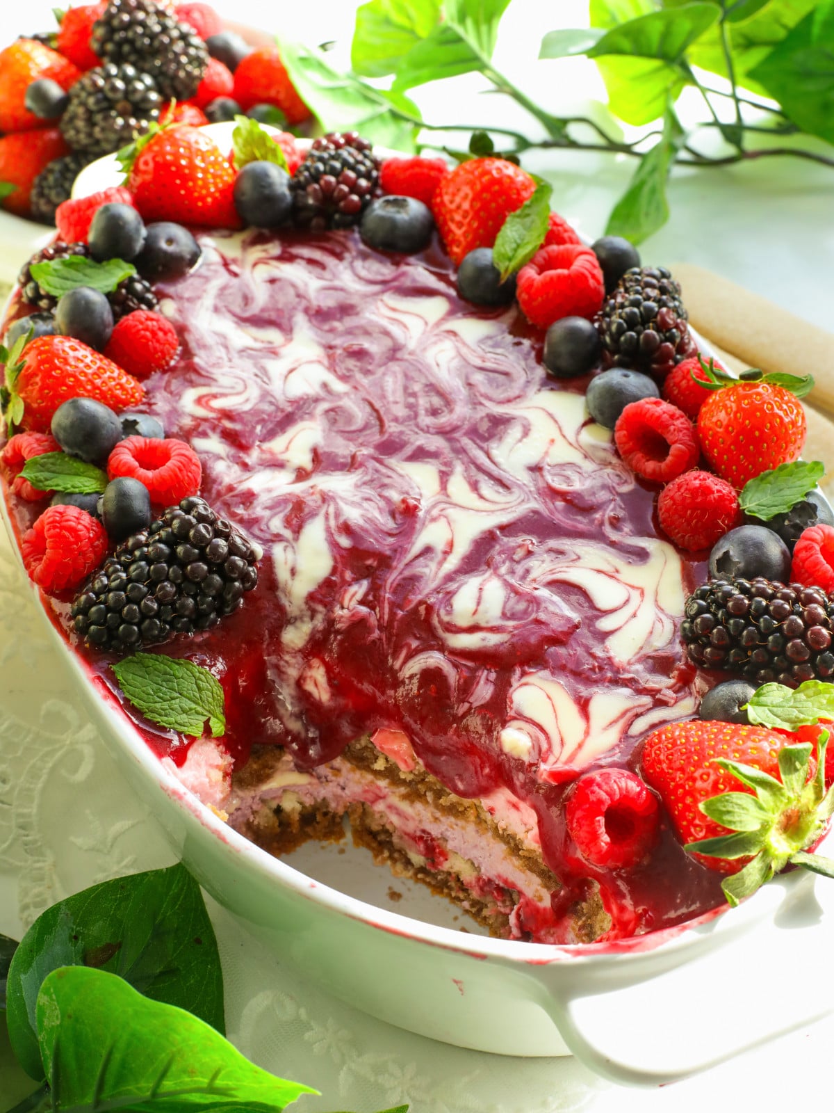 Berry Tiramisu in a white dish.