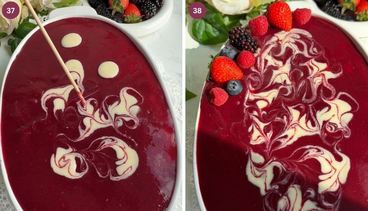 Berry sauce, white chocolate, berries on top of tiramisu.