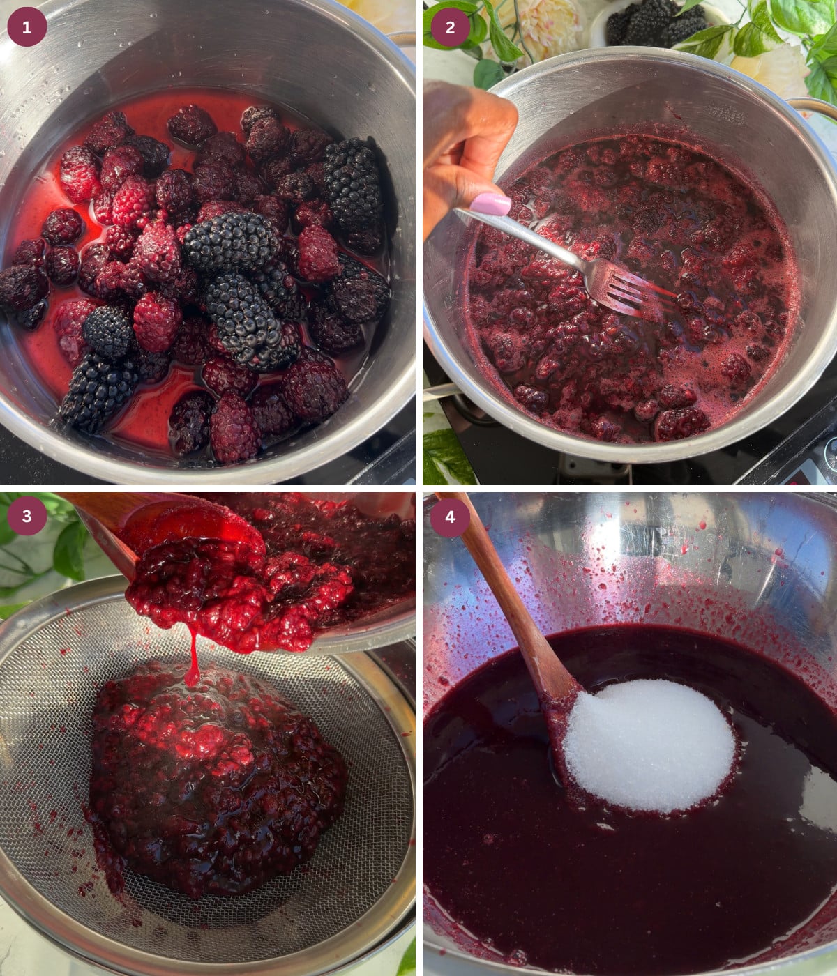 Blackberries cooked in a pot to make a juice.