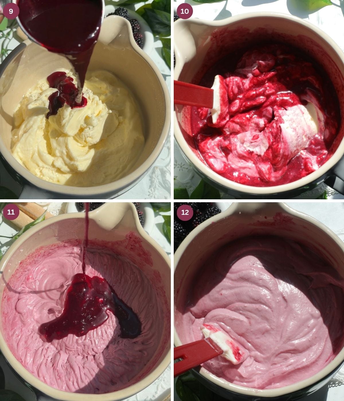Blackberry juice folded with mascarpone mixture in a large bowl.