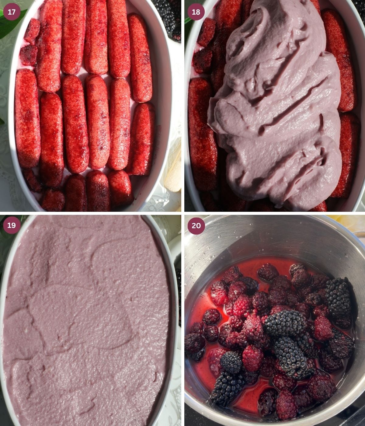 Blackberry-soaked ladyfingers and blackberry mascarpone in a dish. Blackberries in a pot.