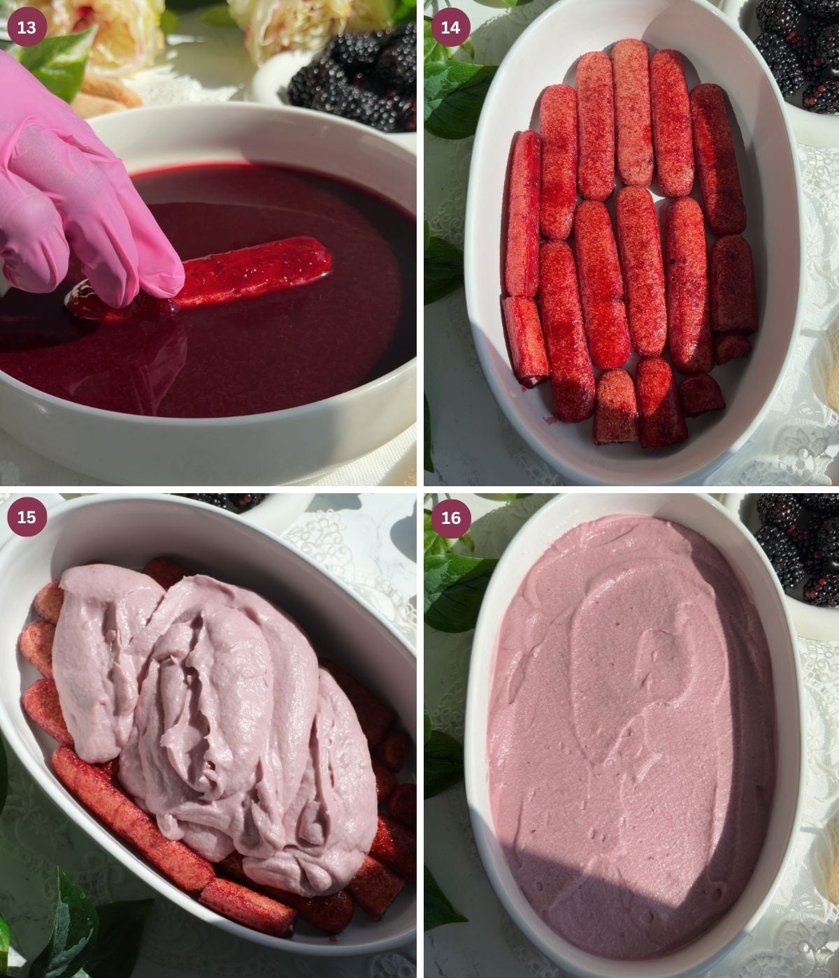 Blackberry-soaked ladyfingers and blackberry mascarpone in a dish.