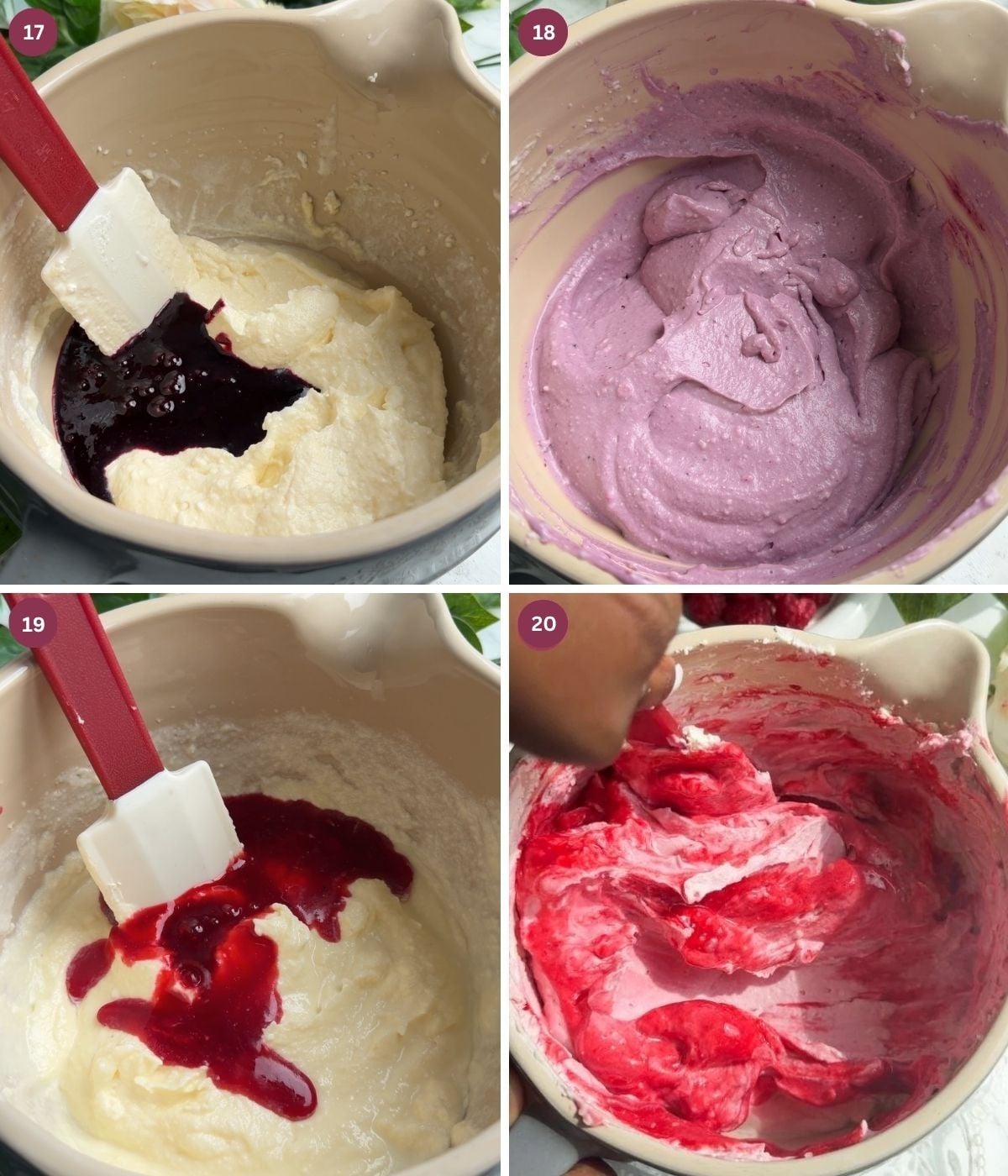 Dark berry filling and red berry filling in bowls.
