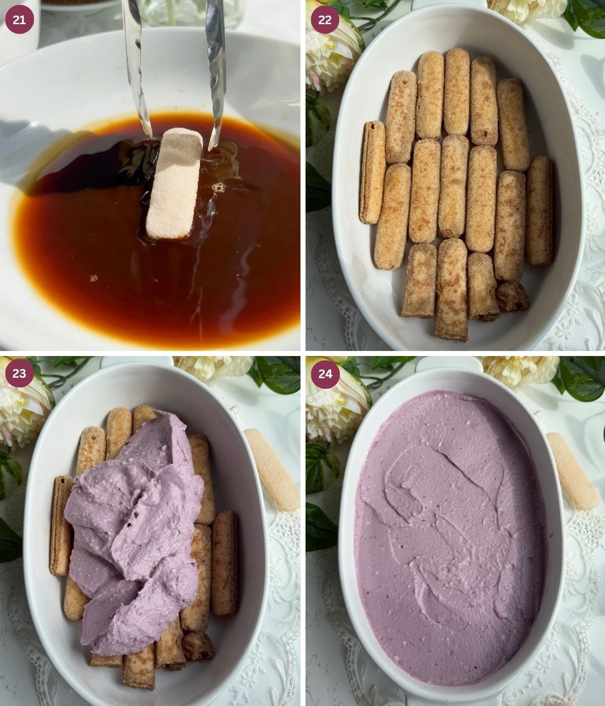 Ladyfingers dipped in coffee and dark berry filling.