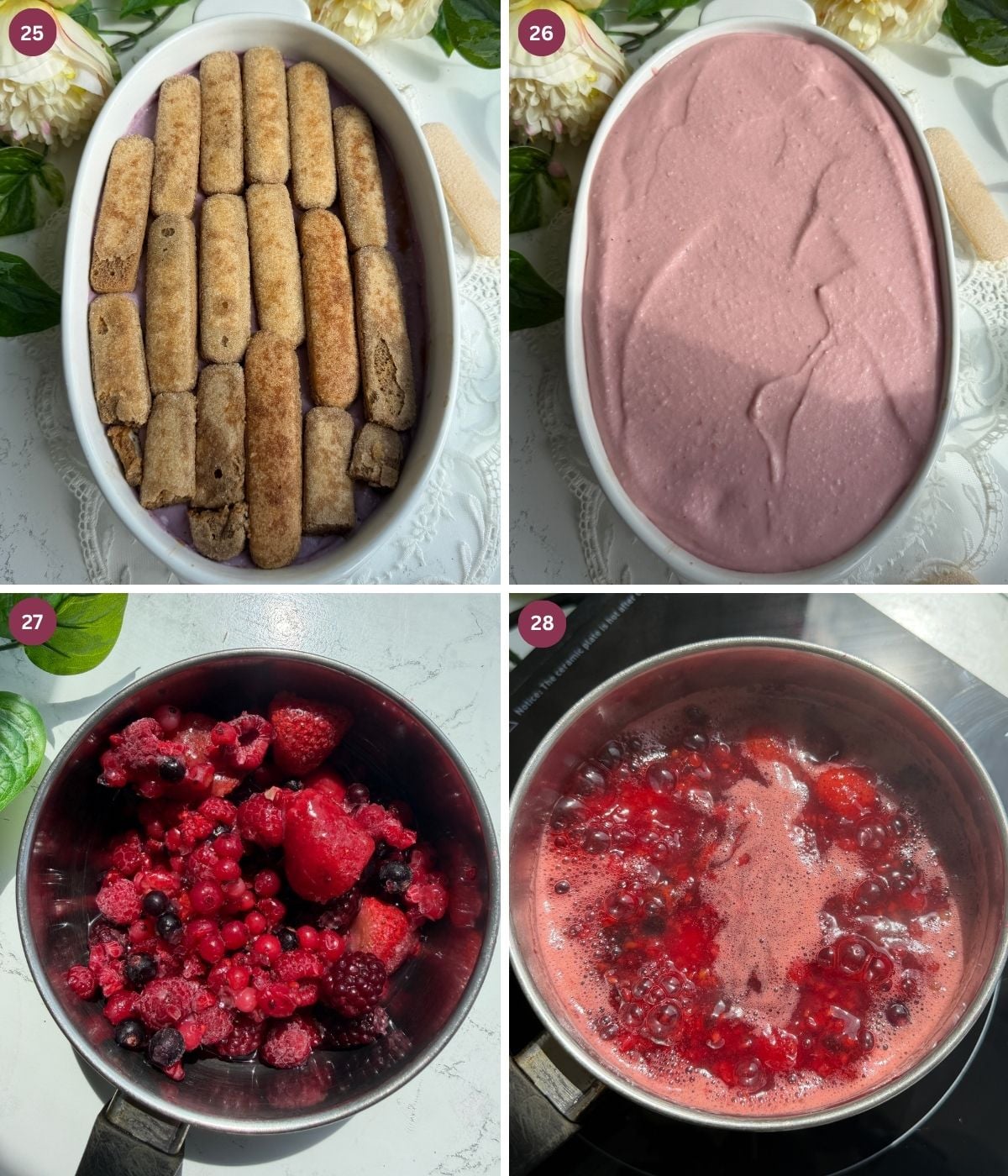 Ladyfingers dipped in coffee and red berry filling. Mixed berries in a pot.