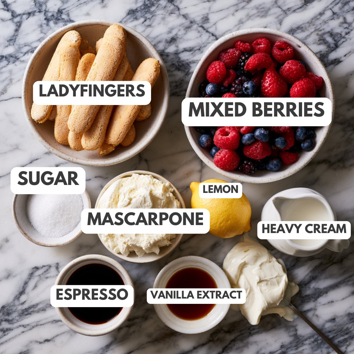 Ladyfingers, mixed berries, sugar, mascarpone, lemon, heavy cream, espresso.