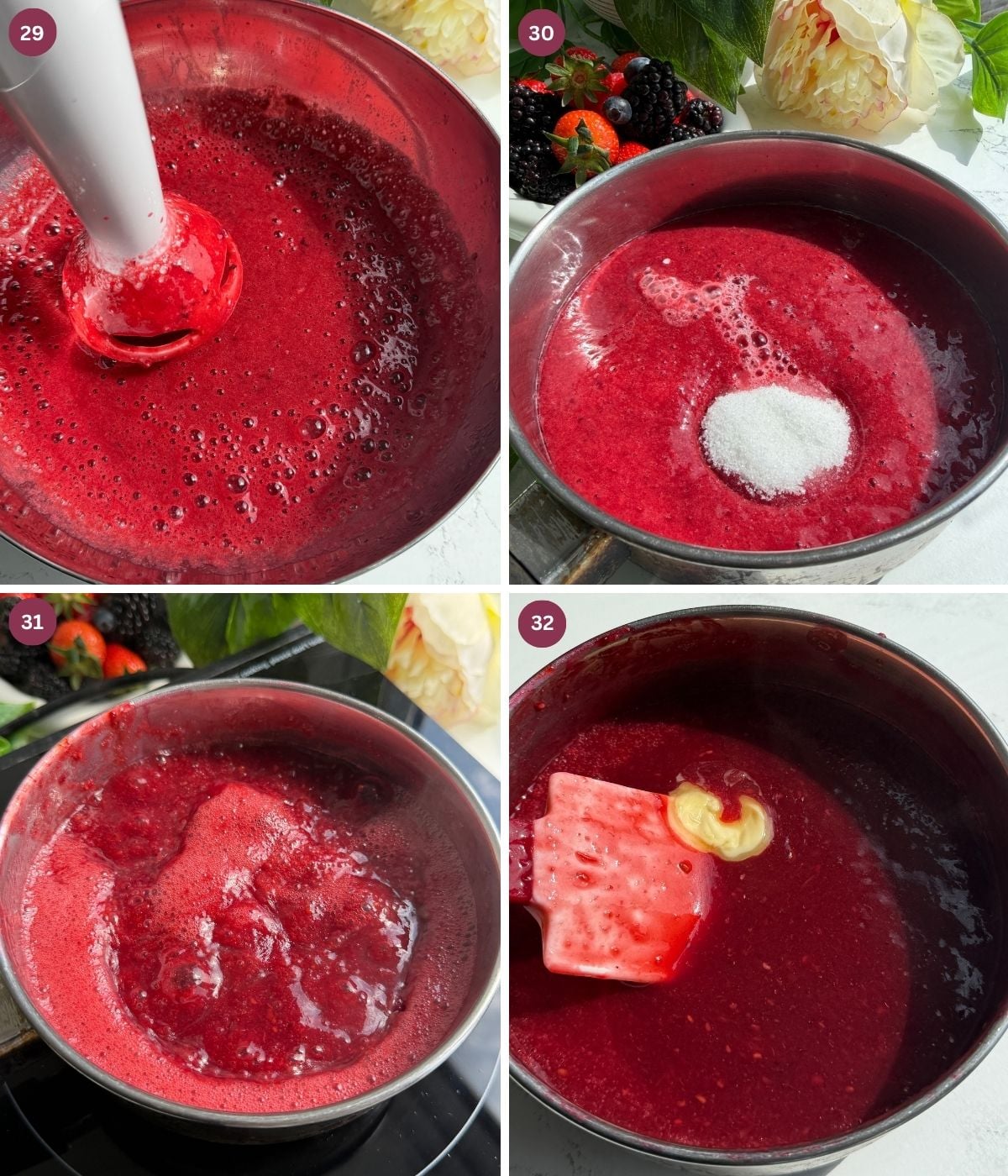 Mixed berries sugar sauce in a pot.