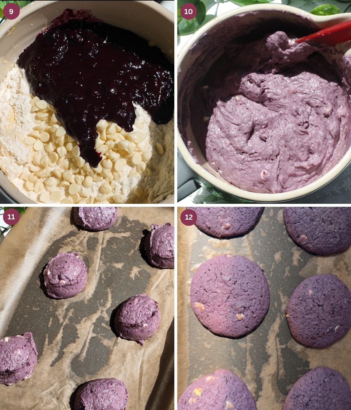 Blueberries cookie dough in a large bowl and on a tray.