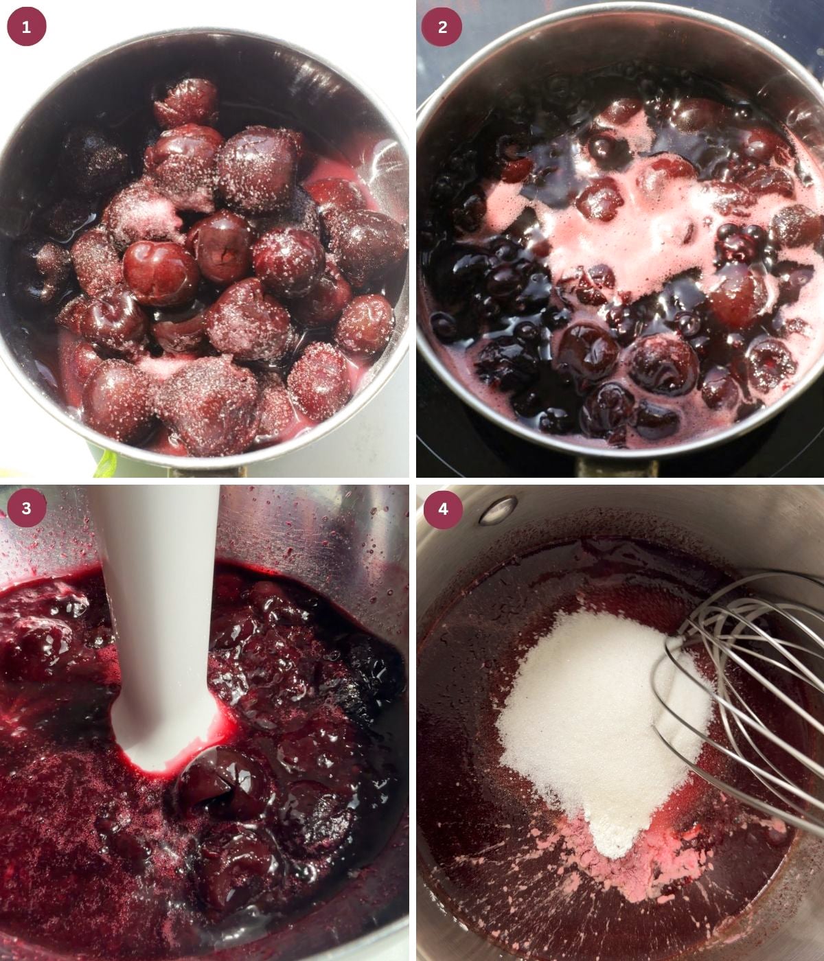 Cherries, sugar, lemon, conrflour cooked in a pot.