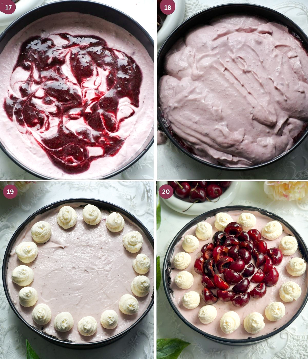 Cherry cheesecake with whipped cream and cherries on top.