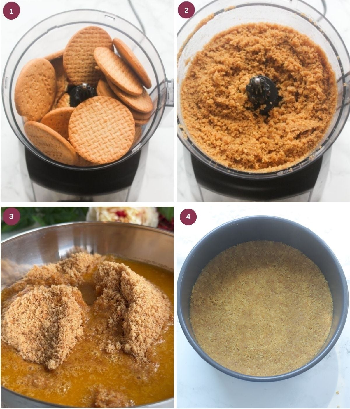 Digestive biscuits blitzed and mixed with melted butter in a tin.