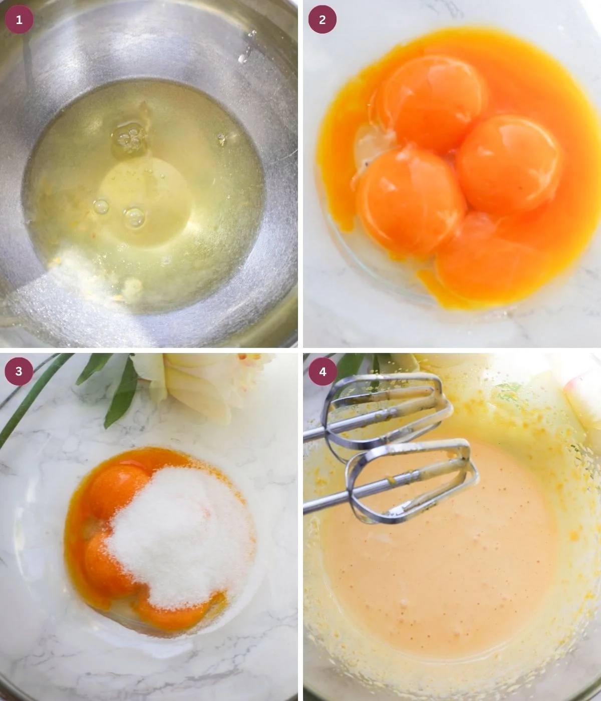 Egg whites in a silver bowl. Yolks with sugar whisked in a bowl.