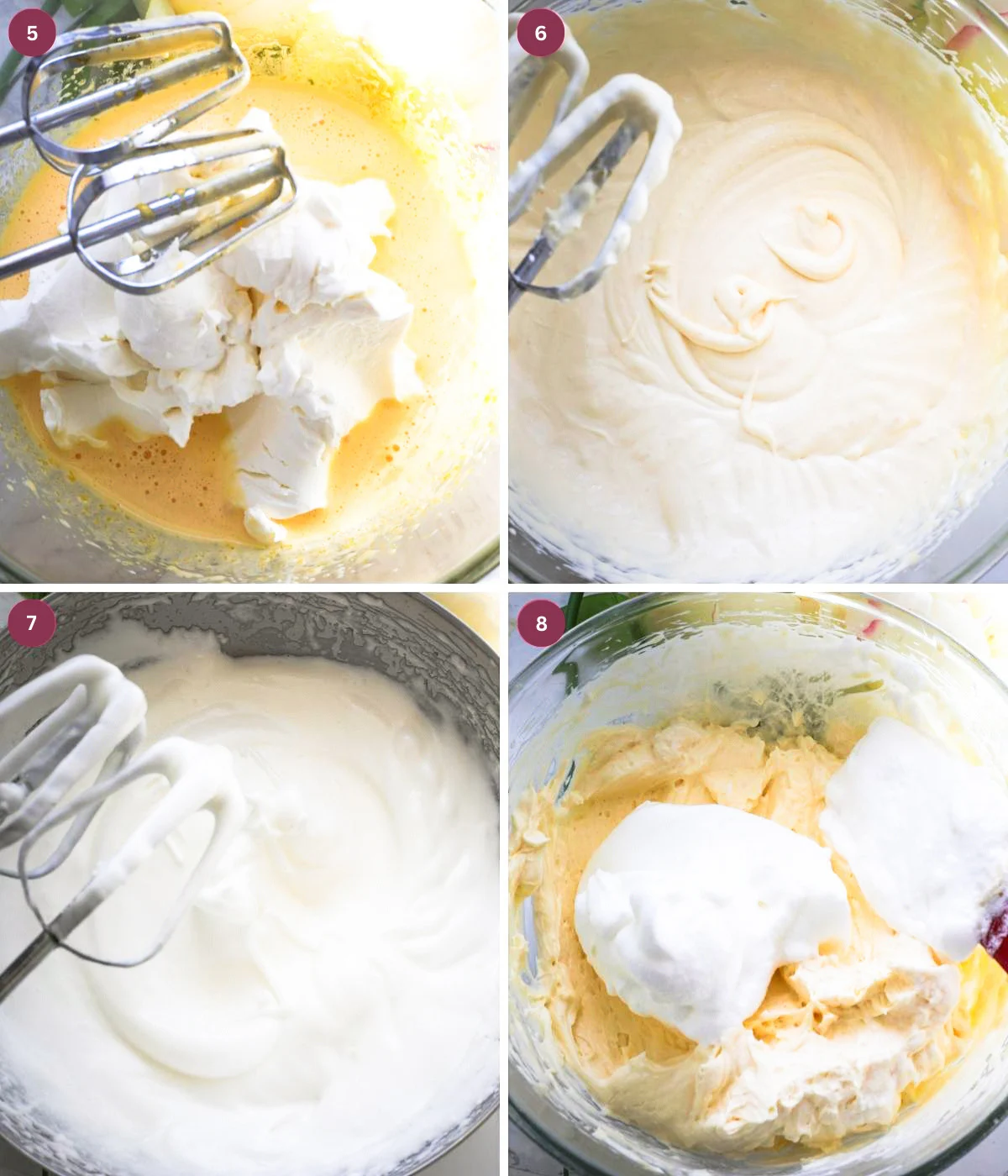 Egg yolks and mascarpone whisked in a bowl and stiff egg whites folded into egg mix.